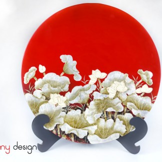 Red round lacquer plate hand-painted with lotus included with stand 55 cm